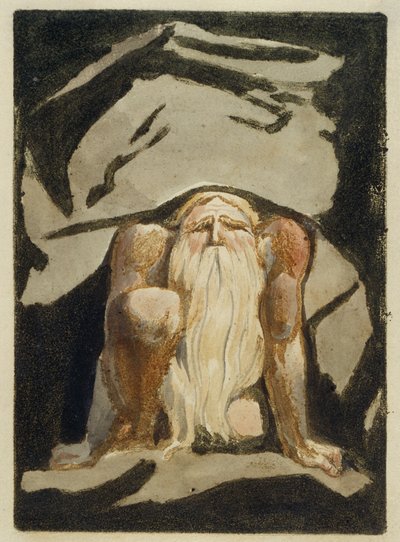“一个留着长胡子的裸体男子单膝跪下，双手跪在地上”，1794年“Urizen的第一本书”中的第23页（用墨水和纸张上的彩色印刷浮雕蚀刻） 作者 威廉·布雷克